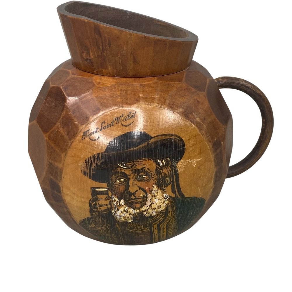 Vintage Mont Saint Michel‎ Hand Carved Wooden Pitcher Folk Art Portrait